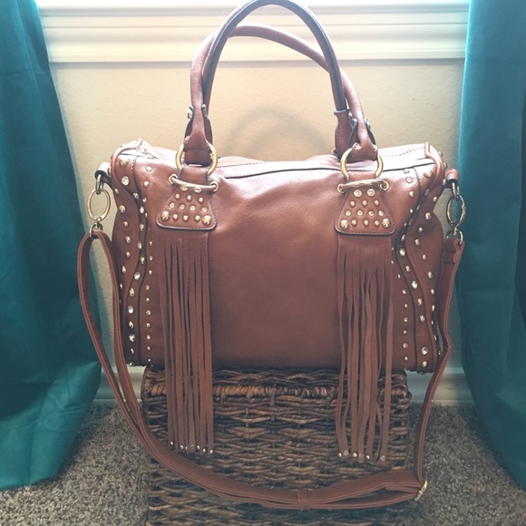 Tan faux leather bag with fringe and stud detail