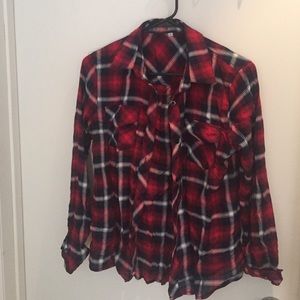 Navy blue and red flannel top