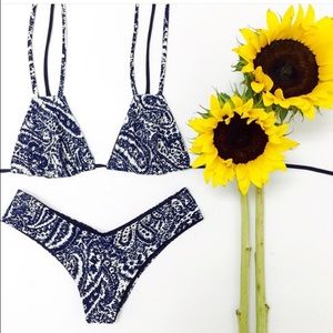 Navy Paisley Strappy Reversible Bikini Top