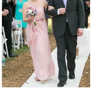 Blush, chiffon, strapless dress.