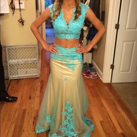 Tiffany Blue and Tan lace prom pageant dress - Picture 1 of 4
