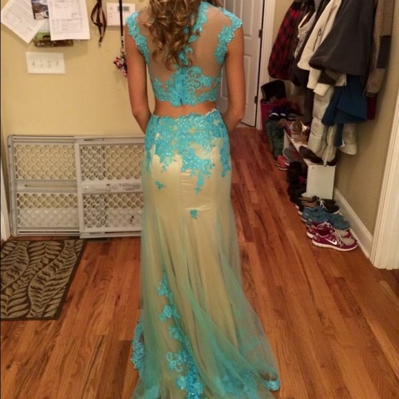 Tiffany Blue and Tan lace prom pageant dress - Picture 2 of 4