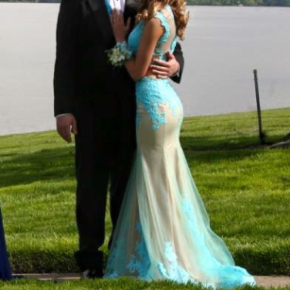 Tiffany Blue and Tan lace prom pageant dress - Picture 3 of 4