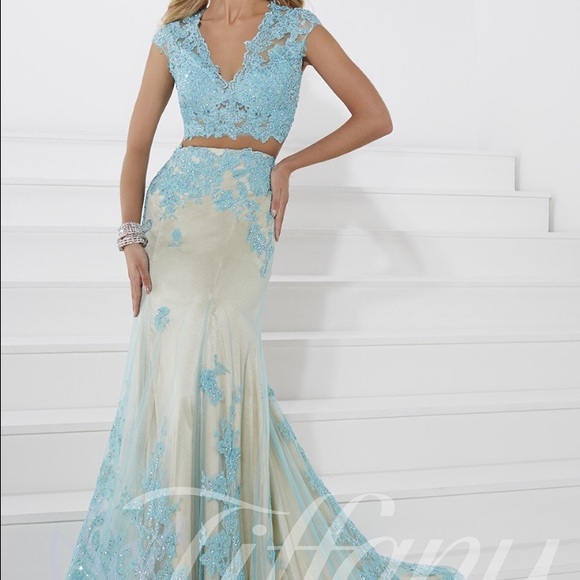 Tiffany Blue and Tan lace prom pageant dress - Picture 4 of 4
