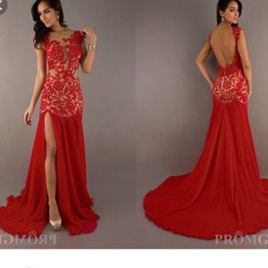 Red lace prom dress