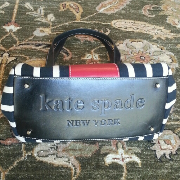 KATE SPADE | Vintage Tote Bag | Blk & Wht Stripe-Accented w/Black & Red Leather - Picture 2 of 4