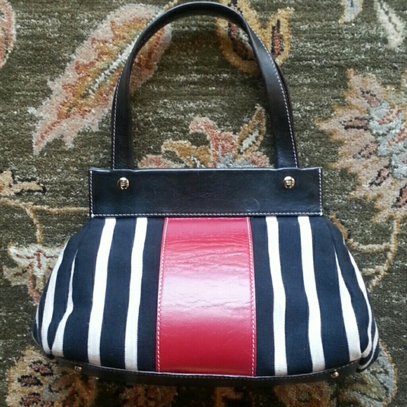 KATE SPADE | Vintage Tote Bag | Blk & Wht Stripe-Accented w/Black & Red Leather - Picture 4 of 4