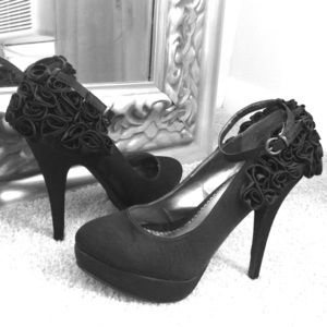 Black satin rosette heels