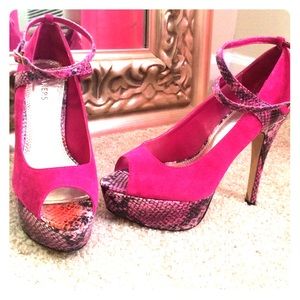 Hot pink and orange snakeskin platform heels
