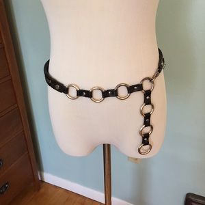 Black leather silver chain hip belt Calvin Klein