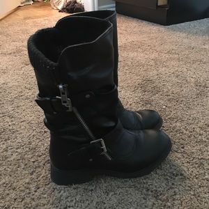 Black,faux leather, mid calf boots