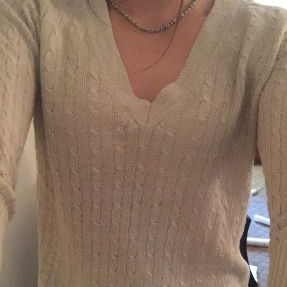 Tan J-Crew v-neck linen cable sweater