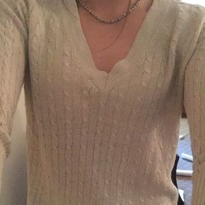 Tan J-Crew v-neck linen cable sweater