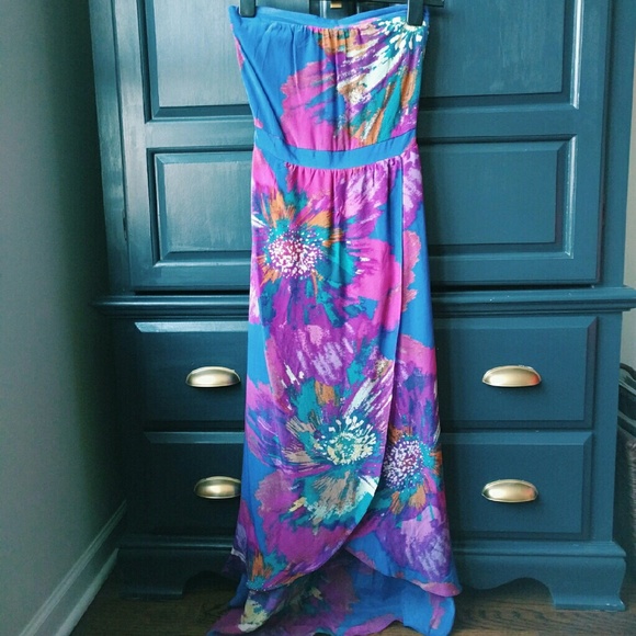 Silk high low strapless floral dress