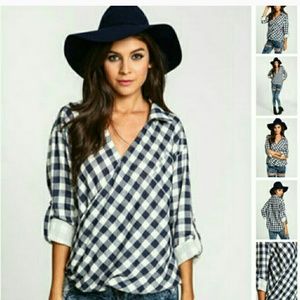 Plaid gingham wrap top.