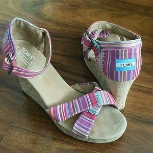 TOMS Sierra Pink Striped Cork Wedge Sandal 8.5