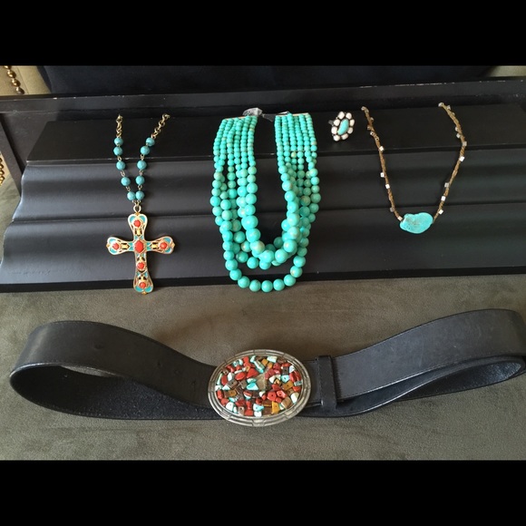 3 necklaces, ring and belt