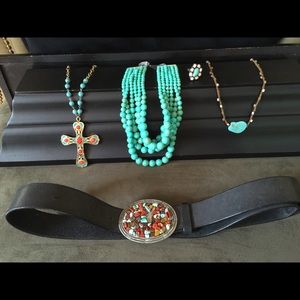 3 necklaces, ring and belt