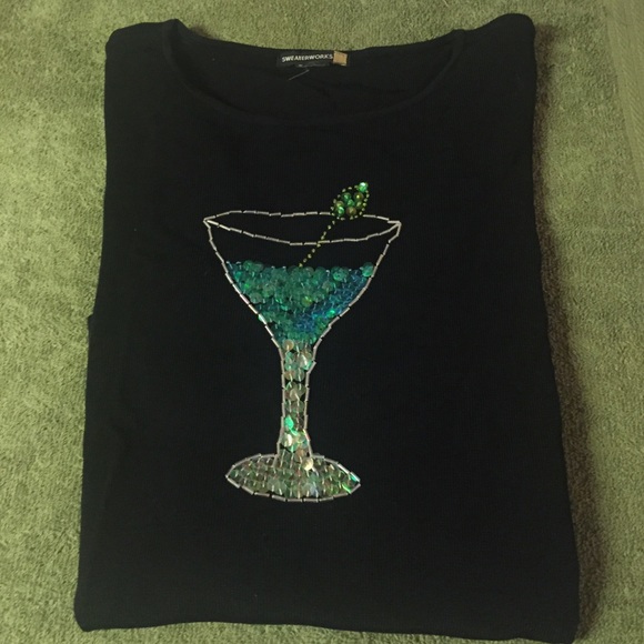 Beaded black silk martini motif sweater