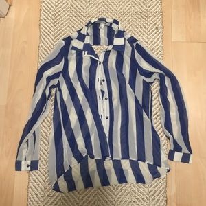 Blue and cream striped sheer button down blouse