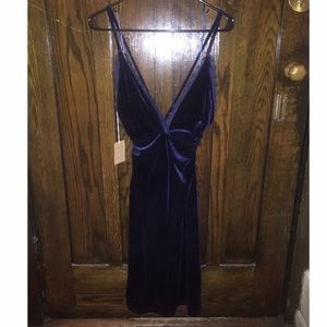 Navy blue velvet V neck midi dress