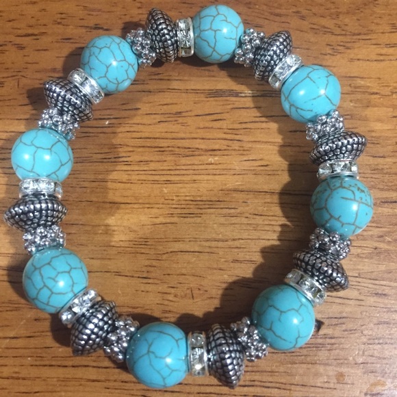 Turquoise and Silver Stretch Bracelet - Picture 2 of 3