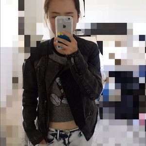 motor jacket with faux leather on the shoulder