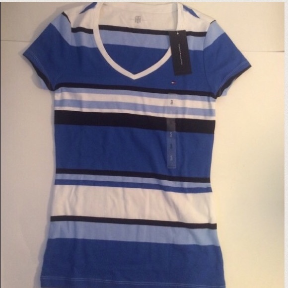 🔆FINAL PRICE🔆 NWT TH Blue Striped V-Neck Tee Sm - Picture 2 of 2