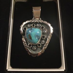 Huge Genuine Sterling .980 Turquoise Pendant NEW