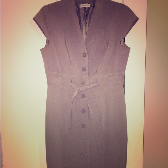 Calvin Klein Grey Button Front Belted Classy Dress
