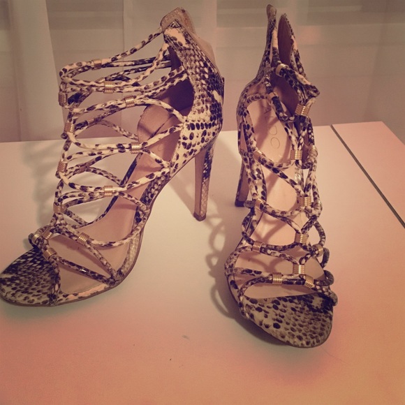 Python strap up heel with gold accents