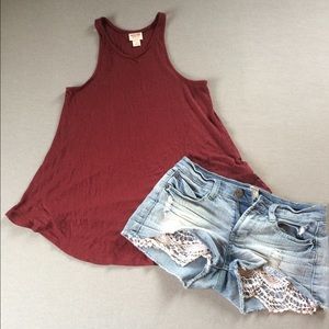 Maroon Ribbed High Neck Tank