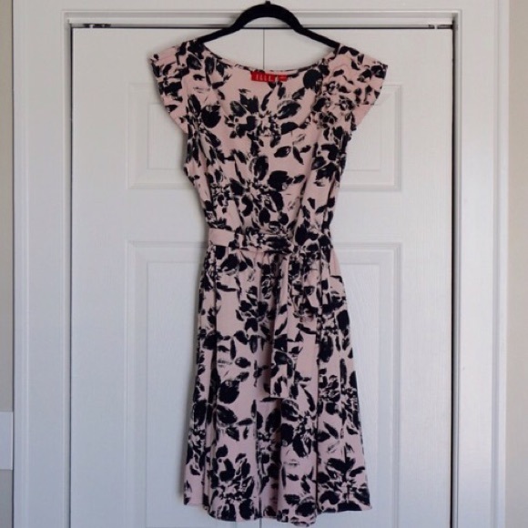 Elle blush pink and black floral dress with sash