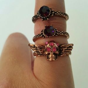 Gothic Pink Crystal Skull Vintage Rings