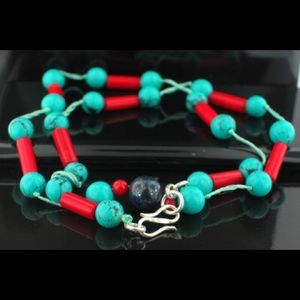 Turquoise, coral and lapis beaded necklace
