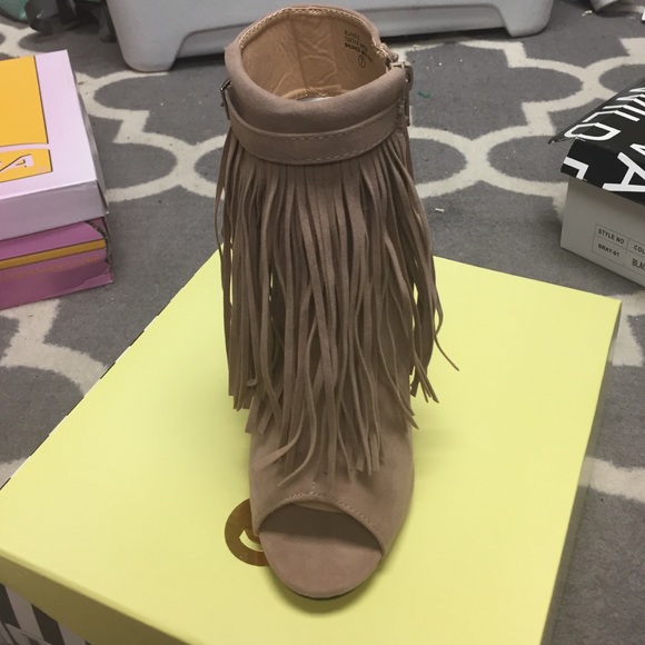 Taupe peep toe fringed heels
