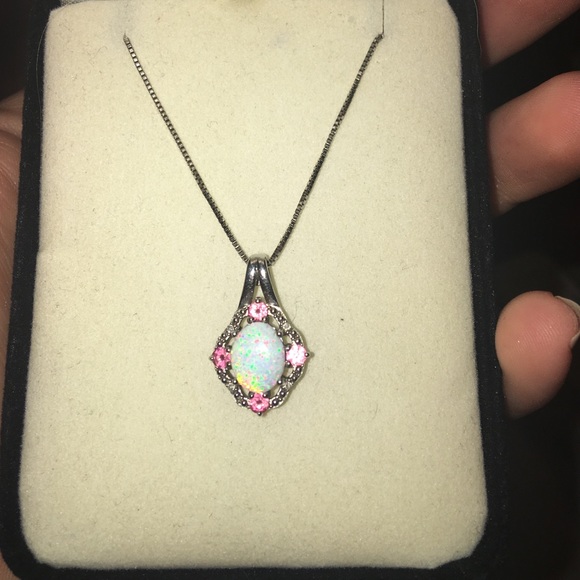 Opal and pink sapphire necklace in sterling silver
