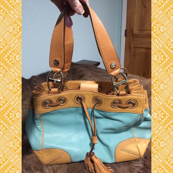 Michael Kors 2015 aqua and tan leather purse