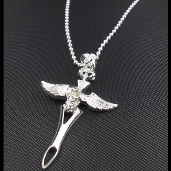Silver skull w/ wings & rhinestones cross necklace