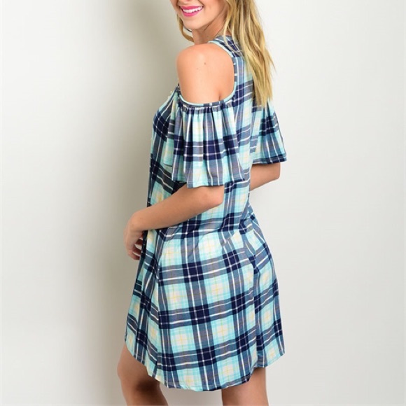 ❣️CLEARANCE❣️Aqua & Blue Plaid Cold Shoulder - Picture 2 of 3