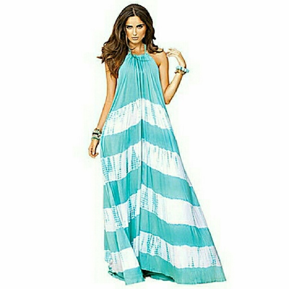 S Elan Turquoise and White Halter Maxi Dress