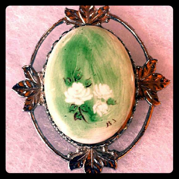Vintage hand painted porcelain brooch