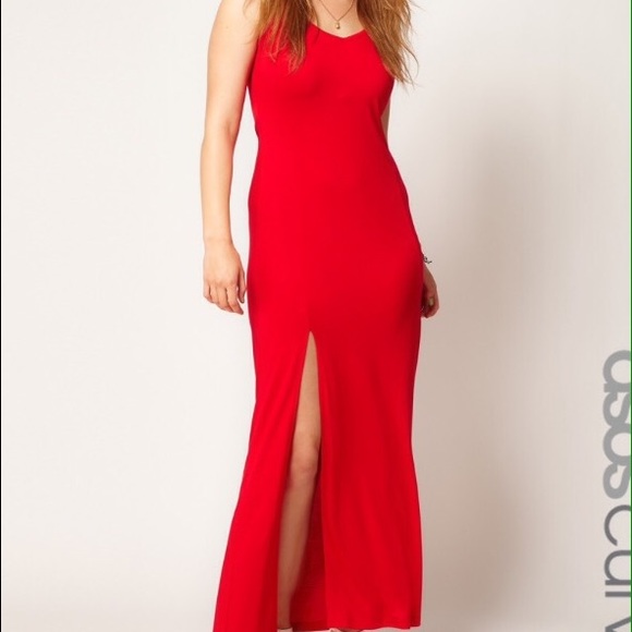 Red spaghetti strap maxi dress with split