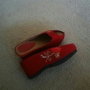 Red shoes, cut-out front. Size 10. Give me your