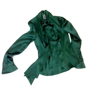 Emerald green silk button up blouse