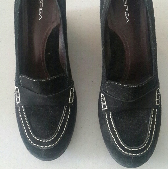 Moccasin style black suede wedge heels