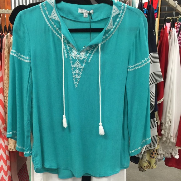 Embroidered Turquoise with Tassels Top