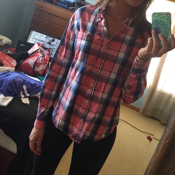 Pink, blue and white plaid shirt, size L