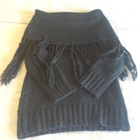BCBG Off Shoulder Fringe Sweater
