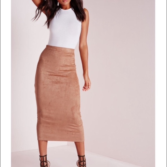 Camel long ribbed faux suede skirt